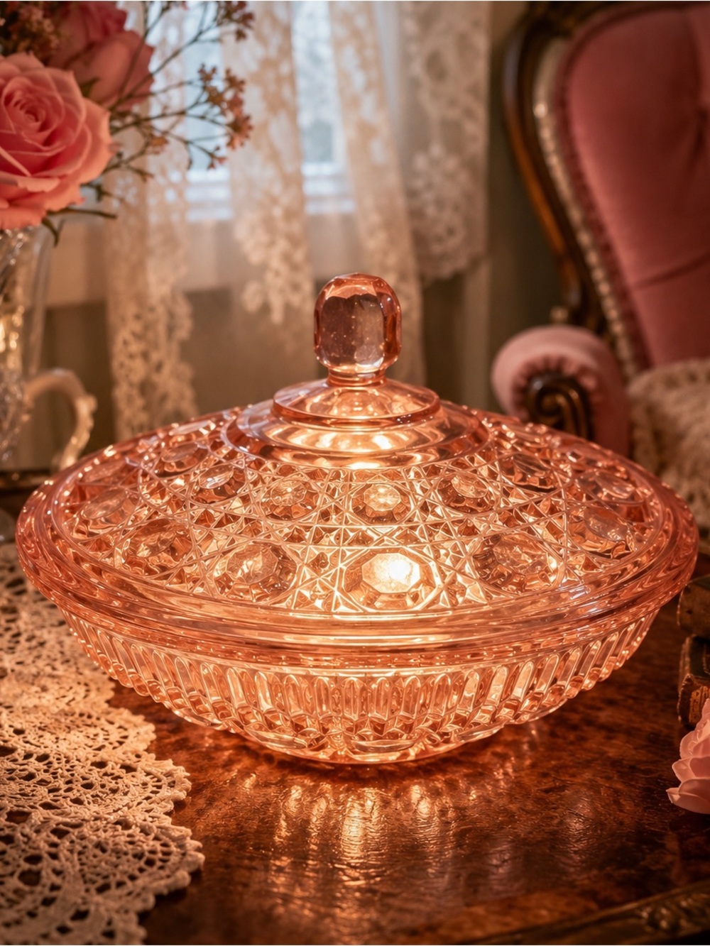 Vintage Windsor Button & Cane Pink Glass Fairy Lamp Candy Dish with Lid